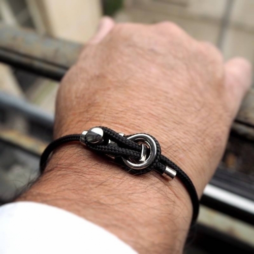 Double braided black leather hook bracelet - Steel - 39,00 €